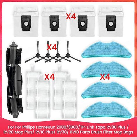 Compatible avec les balais-serpillères Philips HomeRun 2000/3000 et TP-Link Tapo RV30 Plus/RV20 Mop Plus/RV10 Plus/RV30/RV10 : pièces détachées, brosse, filtre et sacs. (1/5)