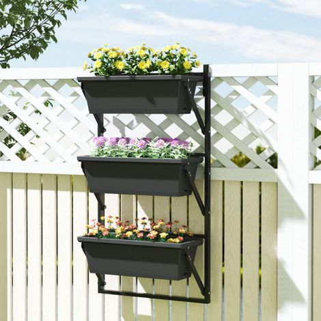Jardinière verticale 3 niveaux 30 L avec drainage, 56 x 42 x 100 cm, plastique + cadre acier, gris foncé