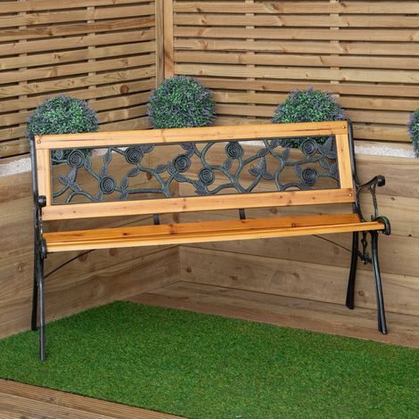 2 Seater Outdoor Wooden & Cast Iron Garden Bench with Rose Design (1/5)
