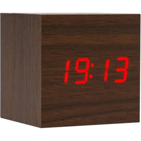 Réveil numérique bois marron AUCUNE, mini, température heure, luminosité réglable, commande vocale (1/4)