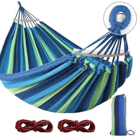 Hamac pour 2 Personnes - 200 x 150 cm- Charge : 250 kg - en Toile de Coton - pour terrasse, Porche, Jardin, Cour, extérieur et intérieur - Bleu/Vert (1/5)