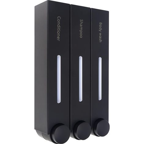 Shampoo- und Conditioner-Spender, 3 Kammern, 3 x 420 ml Duschseifenspender, Duschgelbehälter ohne Bohren, wandmontierter Duschpumpenspender und Organizer für Toilette, Badezimmer, Hotel, Küche, Schwar