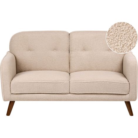2 Seater Sofa Beige Boucle Button Tufting Oak Wood Legs Loveseat Traditional Style Living Room ETTRUM (1/5)