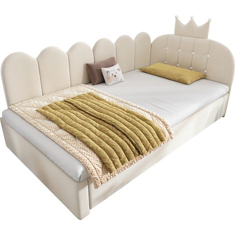 Lit banquette 90 x 200 cm avec lit gigogne 90 x 190 cm, dossier couronne et grille, velours beige, gain de place pour chambre d'enfant et petits espaces CHICFURN (1/5)