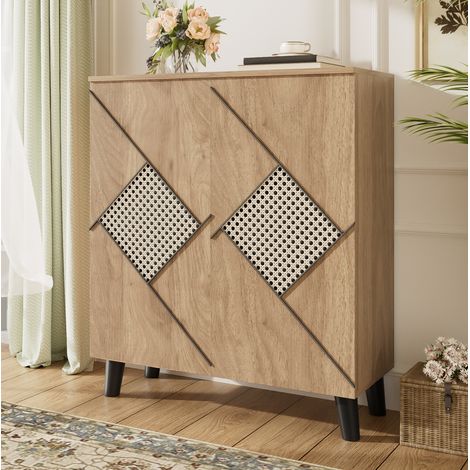 Meuble à chaussures 80x32x91 cm décor bois en panneaux de particules avec portes fermées et motif rotin décoratif (1/5)