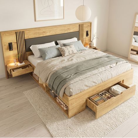 letto contenitore 180x200 con testiera imbottita legno HAVRYA (1/5)