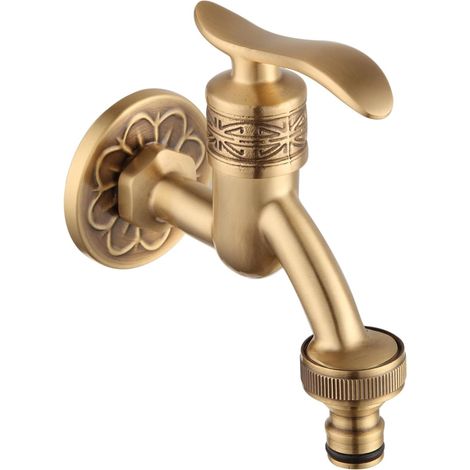 Robinet mural finition laiton ancien, manette style vintage, robinet eau froide simple pour lave-linge, buanderie, salle de bain et raccord tuyau jardin extérieur-Court