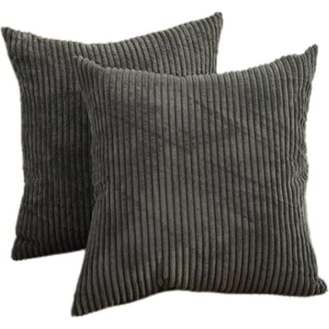 Lot de 2 housses de coussin en velours côtelé rayé uni, 50x50 cm, gris foncé, décoratives pour canapé, chaise.