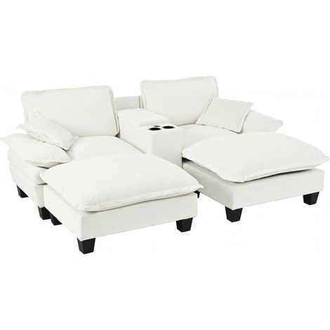 Divano modulare a nuvola beige in ciniglia con pouf, cuscini e porte USB (1/5)