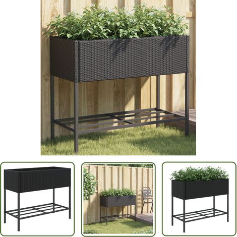 The Living Store Jardinière avec étagère noir résine tressée - Jardiniereresine Tressée - Pot De Fleurs Extérieur - Jardinière Design - Rangement Jardin - Plante Extérieure (1/5)