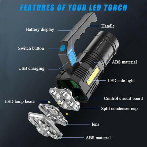 Lampe torche LED rechargeable COB, projecteur de travail portable étanche à 4 modes d'éclairage, idéale pour la randonnée, la pêche et le camping. (1/5)