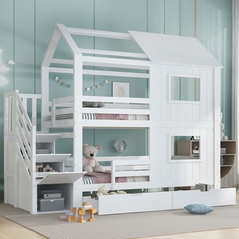 Lit superposé enfant 90/200 cm blanc en bois massif et MDF avec escalier de rangement et tiroir (1/5)