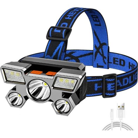 Lampe frontale LED puissante et lumineuse (5 LED bleues A) avec batterie intégrée, rechargeable par USB, idéale pour le camping, la pêche et les activités de plein air. (1/5)