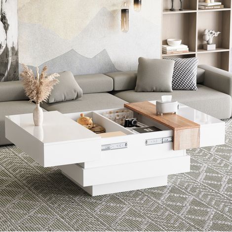 Table basse carrée extensible avec rangement caché, 70 x 70 x 39 cm, blanc et bois DESVIAE (1/5)