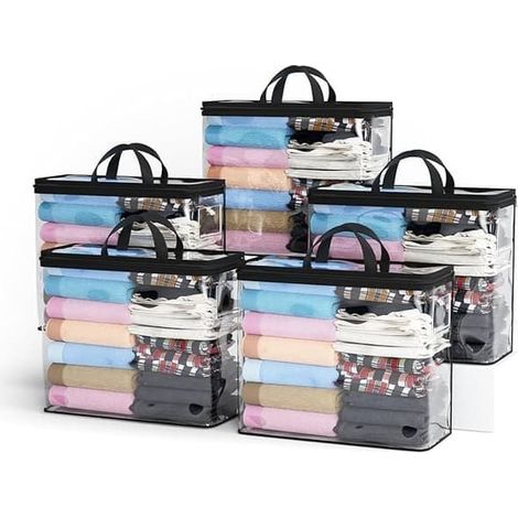 BelleRise - Lot de 5 sacs de rangement en tissu avec fermeture éclair, transparents noirs, pour vêtements, linge de lit et jouets (1/5)