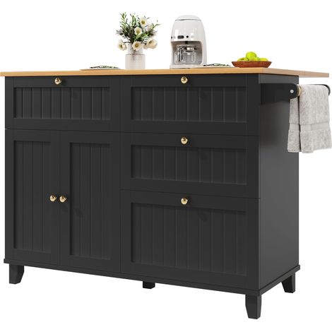 Îlot de cuisine moderne, meuble de cuisine et buffet, desserte effet bois, table à manger multifonction avec espace de rangement et modules extensibles, noir (1/5)