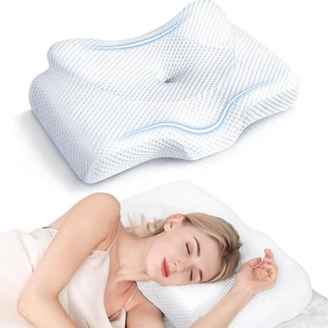 Oreiller cervical orthopédique blanc en mousse à mémoire de forme avec forme à double angle, oreiller de soutien ergonomique pour les personnes dormant sur le dos, le ventre et le côté, oreiller en ma (1/4)