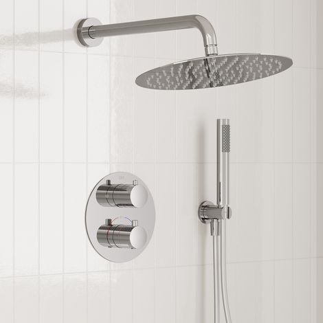 EVERSTEIN Duschsystem Chrom Regendusche Thermostat 38 Grad Unterputz 2-Funktionen-Set 12 Zoll Kopfbrause Handbrause Messingkörper 40 cm Duscharm G1/2 500.000 Zyklen geprüft (1/5)