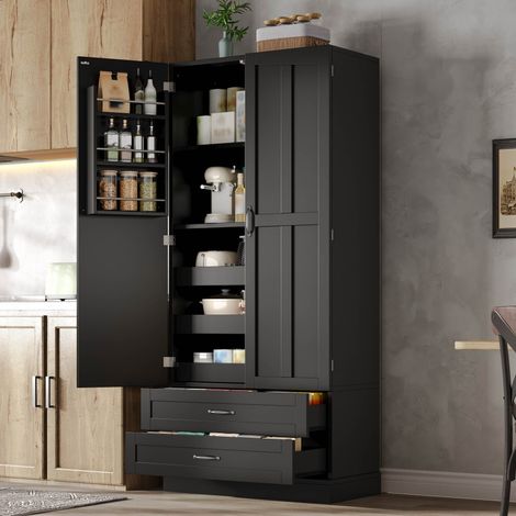 Aparador alto de cocina 80 x 37 x 180 cm - Gran mueble de almacenamiento moderno con iluminación LED, cajones y estantes en las puertas - Negro (1/5)
