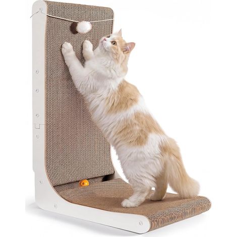 Griffoir Chat Carton en Forme de L 68cm, Épais avec Boules en Peluche et à Grelot, Grande Taille à Fixer au Mur, Jouet pour Protéger Meubles (1/5)