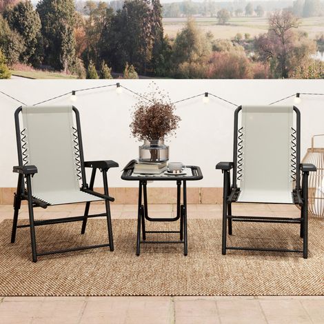 Set da giardino pieghevole a 3 pezzi con 2 sedie (61x65x91 cm) e tavolo (50x50x50 cm), in metallo e Textilene, per uso esterno, colore crema. (1/5)