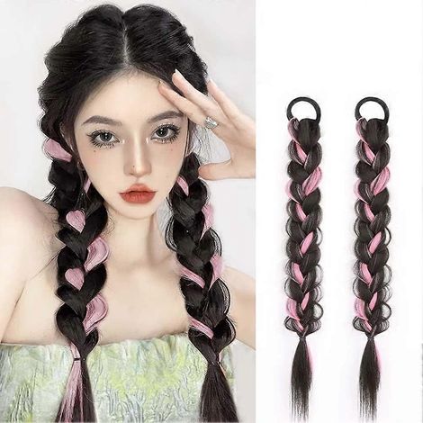 Lot de 2 extensions de queue de cheval tressées avec élastiques, en cheveux synthétiques doux, pour femmes et filles, à porter au quotidien (50 cm). Idéales pour les fêtes, anniversaires, mariages… (1/5)
