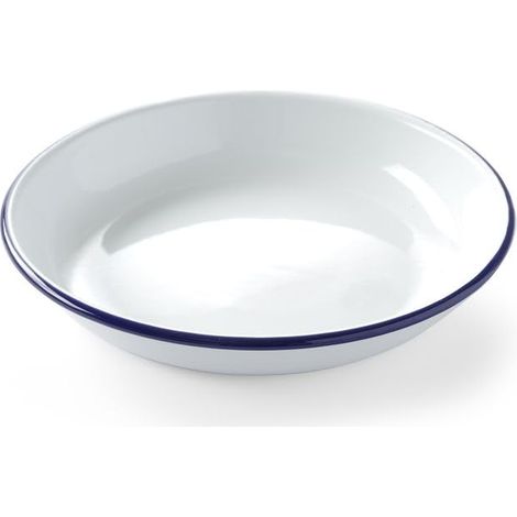 Assiette creuse en acier émaillé - Lot de 1 - Bordure bleue style rétro - Résistante four et lave-vaisselle - Pour cuisine et pâtisserie - Ø240xH40mm (1/3)