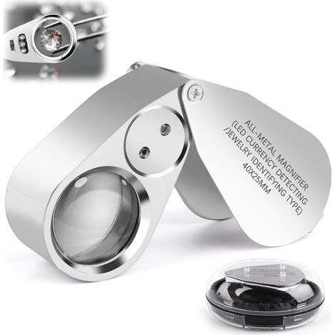 Loupe de bijoutier 40x, loupe de poche en acier inoxydable, métal avec éclairage LED, pour diamants, bijoux, pièces de monnaie, identification de bijoux et reconnaissance de pièces de monnaie. (1/5)