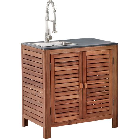 Armario de cocina exterior madera de acacia 2 puertas 2 estantes 80 x 50 x 83 cm encimera de acero con fregadero grifo marrón y plateado Brucoli