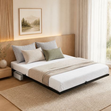 Cama flotante 140x200 cm de acero negro con LED, carga USB-C y bolsillo lateral (1/5)