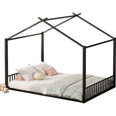 Letto per bambini 140x200 cm a casetta in metallo nero, letto singolo da terra con struttura stabile, 14 doghe e montaggio semplice per cameretta  CHICFURN (1/5)