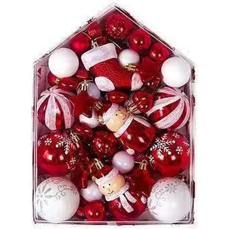 Adornos navideños en forma de bolas, 72 piezas, adornos para el árbol de Navidad, bolas navideñas de plástico, bolas navideñas rojas y blancas, adornos para el árbol de Navidad. (1/5)