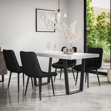 Aria Dining Table And Chairs - White Marble Effect Table Top w Black Legs + Nova Faux Leather Dining Chair Set Of 6 (Black) (1/5)