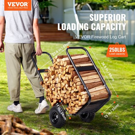 Chariot Transport Bois de Chauffage Charge 113,4 kg Chariot de Bûches de Bois Acier 67x52x110 cm Range Bûche Intérieur avec Roues Gonflables Caoutchouc Porte Bûche Extérieur pour Cheminée, Noir (1/5)