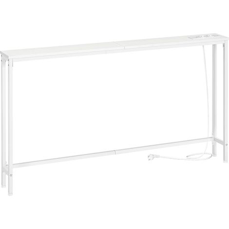 Table Console Fine 140 cm, Bout de Canapé avec Multiprise, Table d’Entrée, Console Meuble Adaptée Derrière Le Canapé, pour Salon, Couloir, Cadre en Métal, Blanc (1/5)