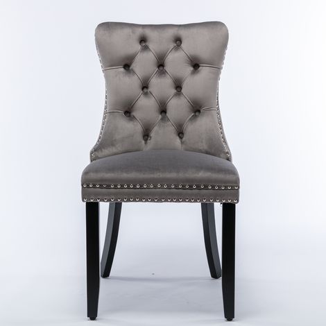 Collection Nikki : Lot de 2 chaises de salle à manger haut de gamme,bois massif touffé,velours contemporain,pieds bois,finitions cloutées,gris.