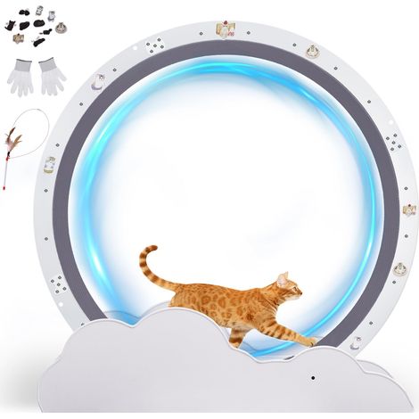 Roue pour Chat, Roue d'exercice pour Chat, XL- 100 cm, Ultra-silencieuse avec Tapis Amovible, Autocollants, système de Verrouillage, Métal, Nuage Blanc, Cadeaux pour Votre Chats (1/5)