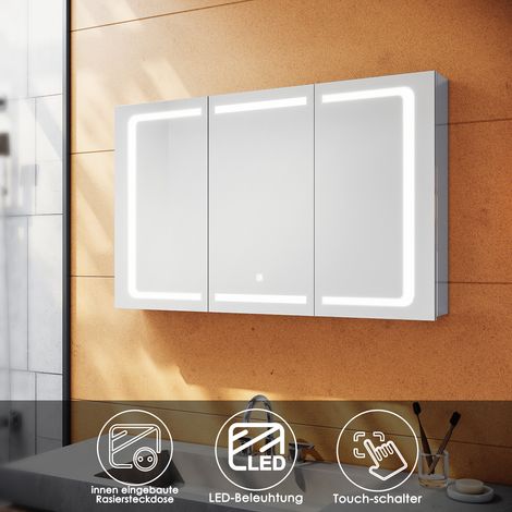 SONNI LED Spiegelschrank Edelstah bad mit beleuchtung und steckdose Touch Badschrank Badspiegel 105x65x13.3cm