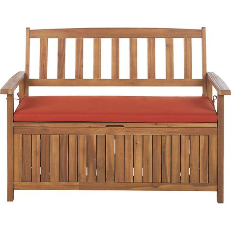 Garden Bench with Cushion SOVANA 120 cm with Storage Acacia Wood Red (1/5)