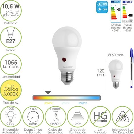 Bombilla Led Esfera Con Sensor Crepuscular. Rosca E27. 10.5 Watt. Equivale A 90 Watt. 1055 Lumenes. Luz Calida 3000º K.