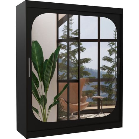 Armoire de chambre design noir 2 portes coulissantes avec miroir Ibizo 180cm (1/5)