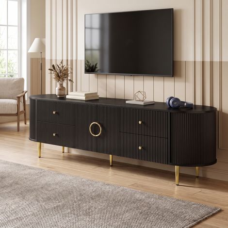 Meuble TV 180cm Banc TV avec Tiroirs et Portes Motif Vague Pieds en Métal Style Moderne Noir (1/5)