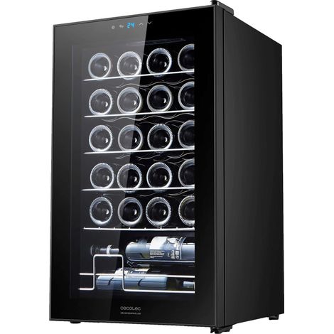 Schwarzer Weinkühlschrank mit einem Fassungsvermögen von 24 Flaschen mit Kompressor-Kühlsystem, einstellbarer Temperatur zwischen 5-18ºC und Touch-Bedienfeld.