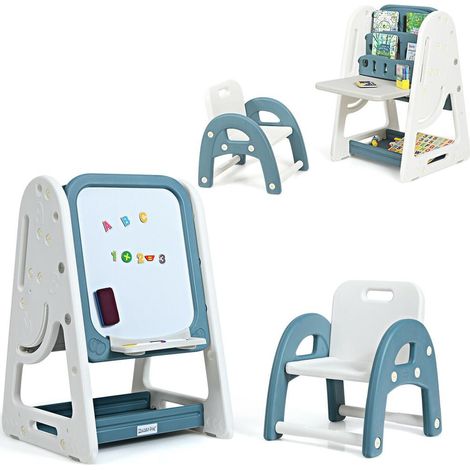 Espace Créatif Bureau Chevalet Enfant avec Chaise et Tableau Blanc 3 Hauteurs Réglables pour Maison Bleu (1/5)
