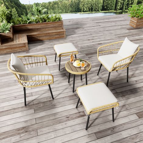 Ensemble de jardin 5 éléments : 1 table repas, 2 fauteuils, 2 poufs en rotin véritable