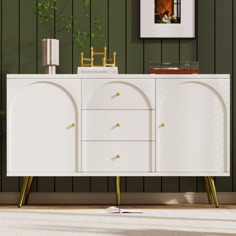 Buffet bas, Commode de rangement avec 2 portes et 3 tiroirs pour salon et chambre, Meuble en bois et pieds en métal moderne L140xH84xP40 cm, Blanc Crème