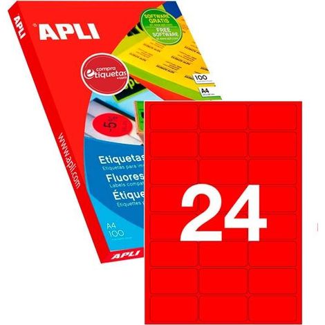 APLI ETIQUETAS DE ADHESIVO PERMANENTE 64X33,9 MM CANTOS ROMOS ROJO FLUORESCENTE -100 HOJAS-