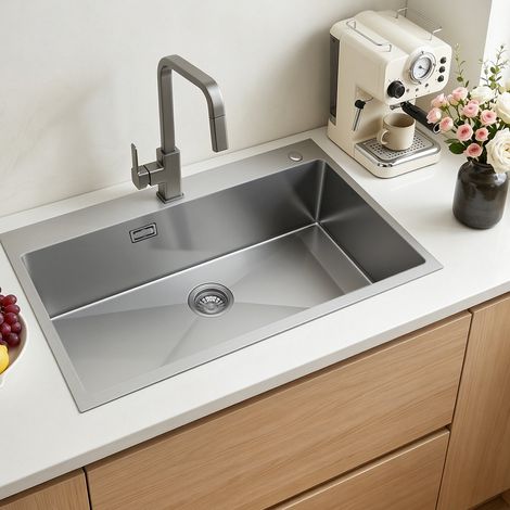 Évier Cuisine 1 Bac, Évier à Encastrer 85 cm en Acier Inoxydable, pour Vaisselle Camping-car Buanderie Bar Maison, Bac à Laver de Cuisine avec Accessoires, Montage Encastrable Vidange Rapide (1/5)