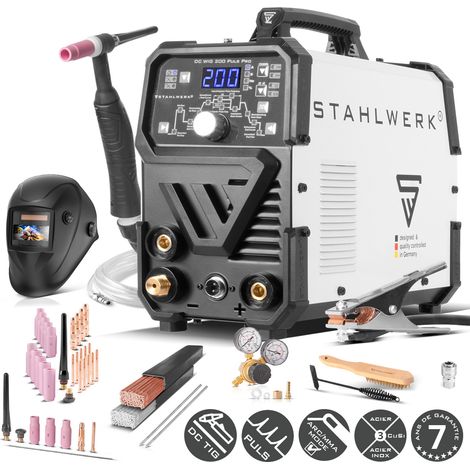STAHLWERK Poste à souder combiné 2-en-1 DC TIG 200 Puls Pro – Kit complet – TIG & MMA (ARC) jusqu'à 200 A, fonction Pulse, mémoire de jobs, adapté aux tôles fines, pour acier, inox, cuivre & laiton (1/5)
