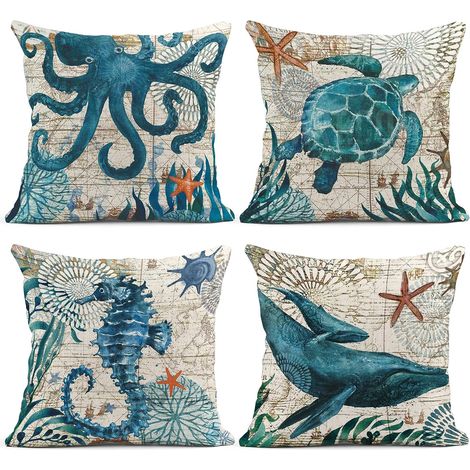 fundas de cojín de 45x45 cm, estampado marino, lino, estilo mediterráneo, para salón. (1/5)